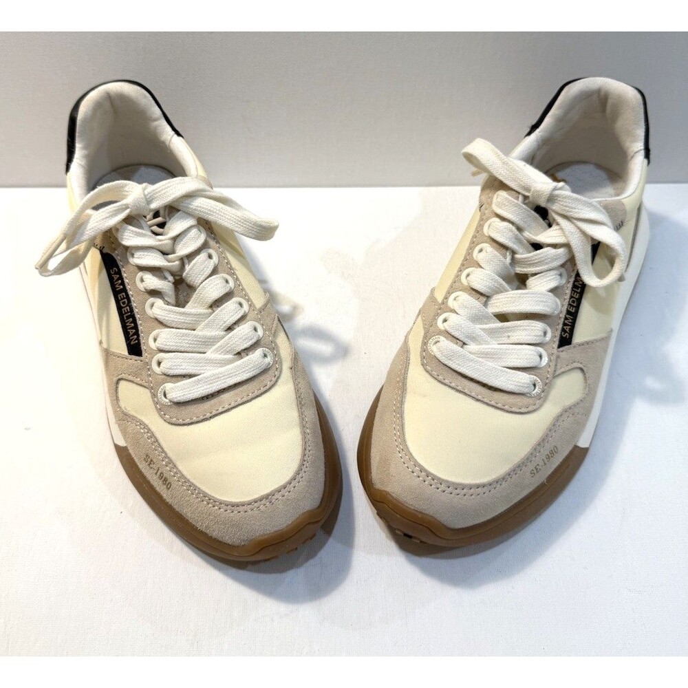 Sam Edelman Layla Womens Shoes Sz 7.5 M Beige Cream Gum Suede Lace Up Sneakers